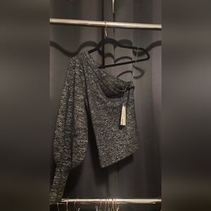 7 For All Mankind Off The Shoulder Black And Silver Metallic Knit Sweater NWT XS